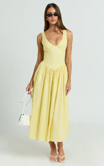 Beckett Midi Dress - Scoop Neck Drop V Waist Gathered Skirt Dress in Butter Yellow