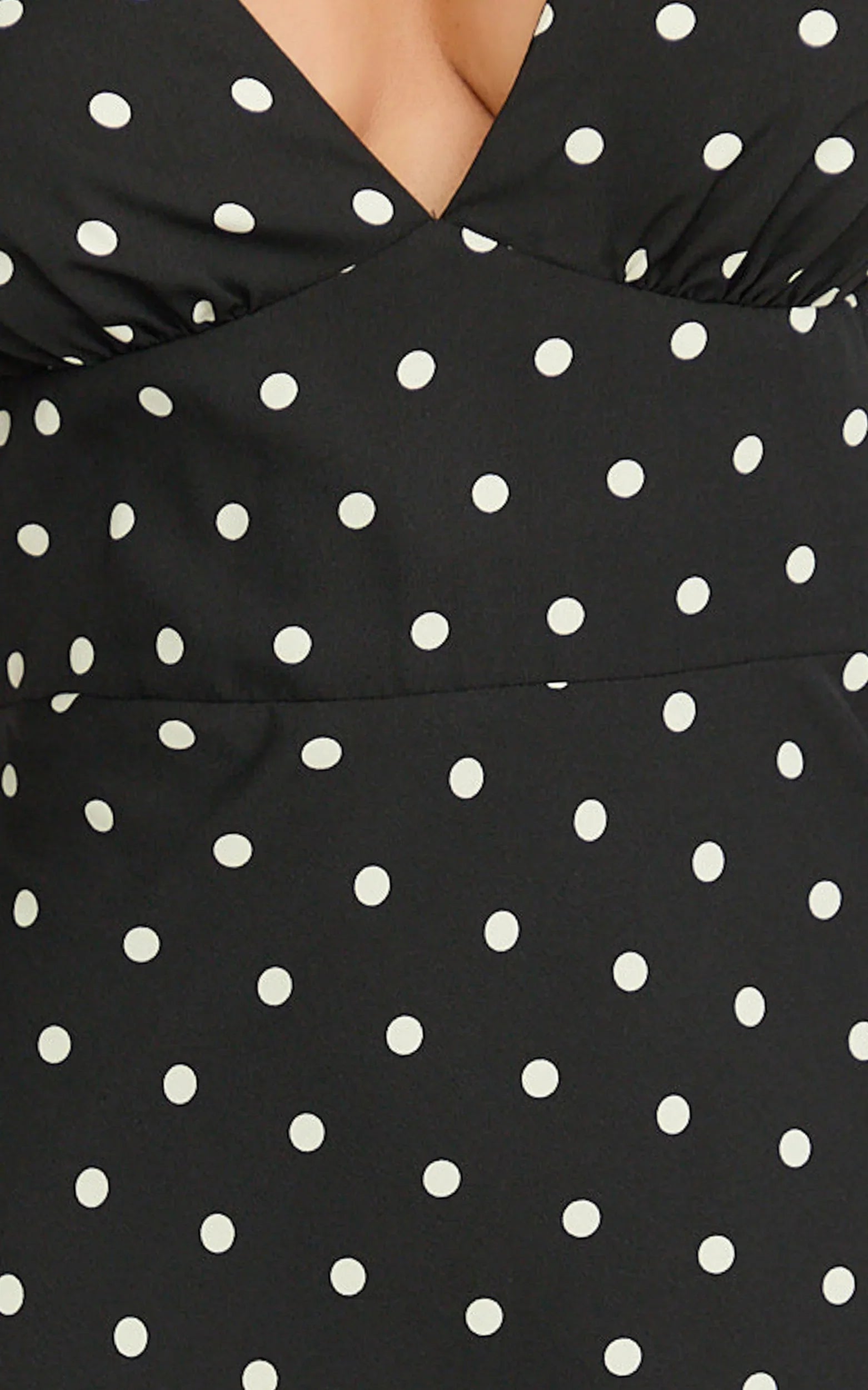 Elise Midi Dress - V Neck Puff Sleeve Dress in Black Polka
