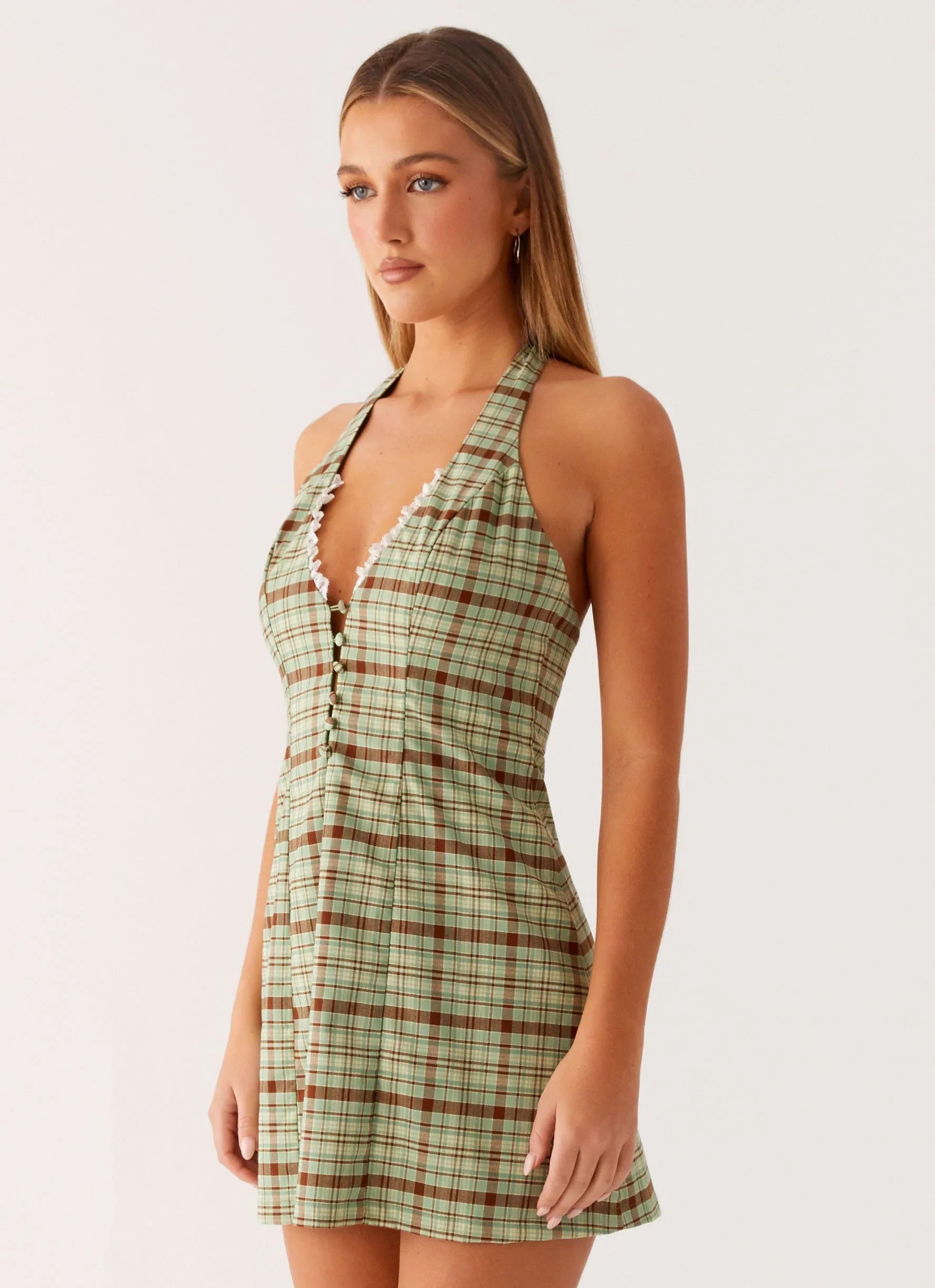 Dunia Halter Mini Dress - Forest Plaid