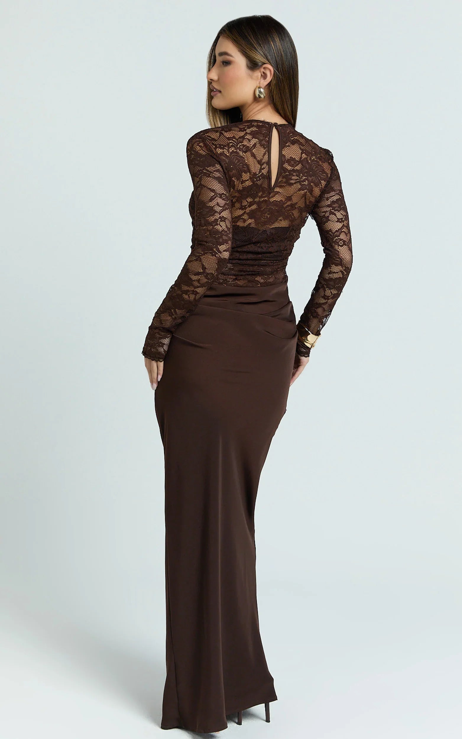 Crisanta Maxi Dress - Long Sleeve Contrast Lace Bodycon Dress in Chocolate