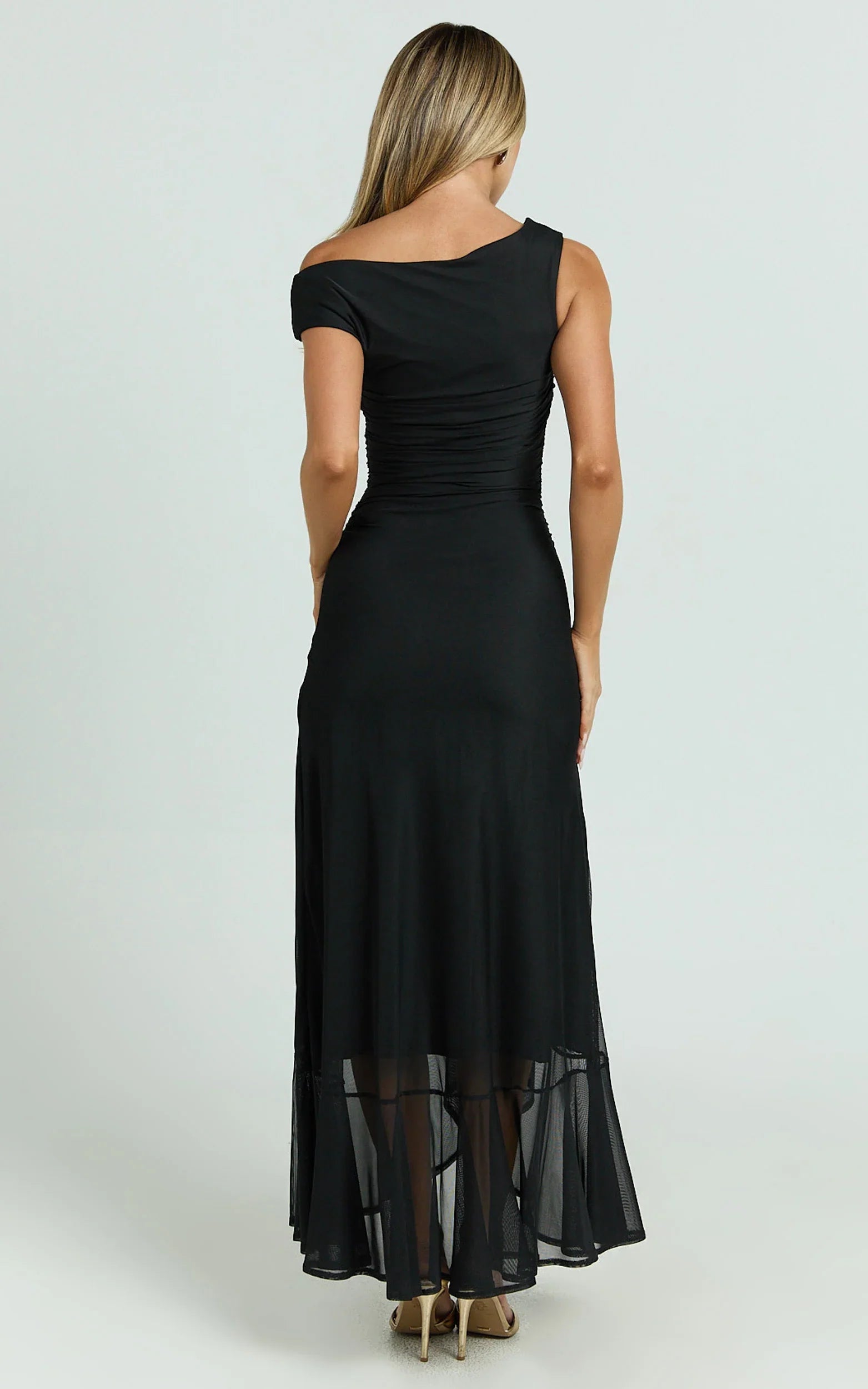 Judee Midi Dress - One Shoulder High Side Split Dress in Black