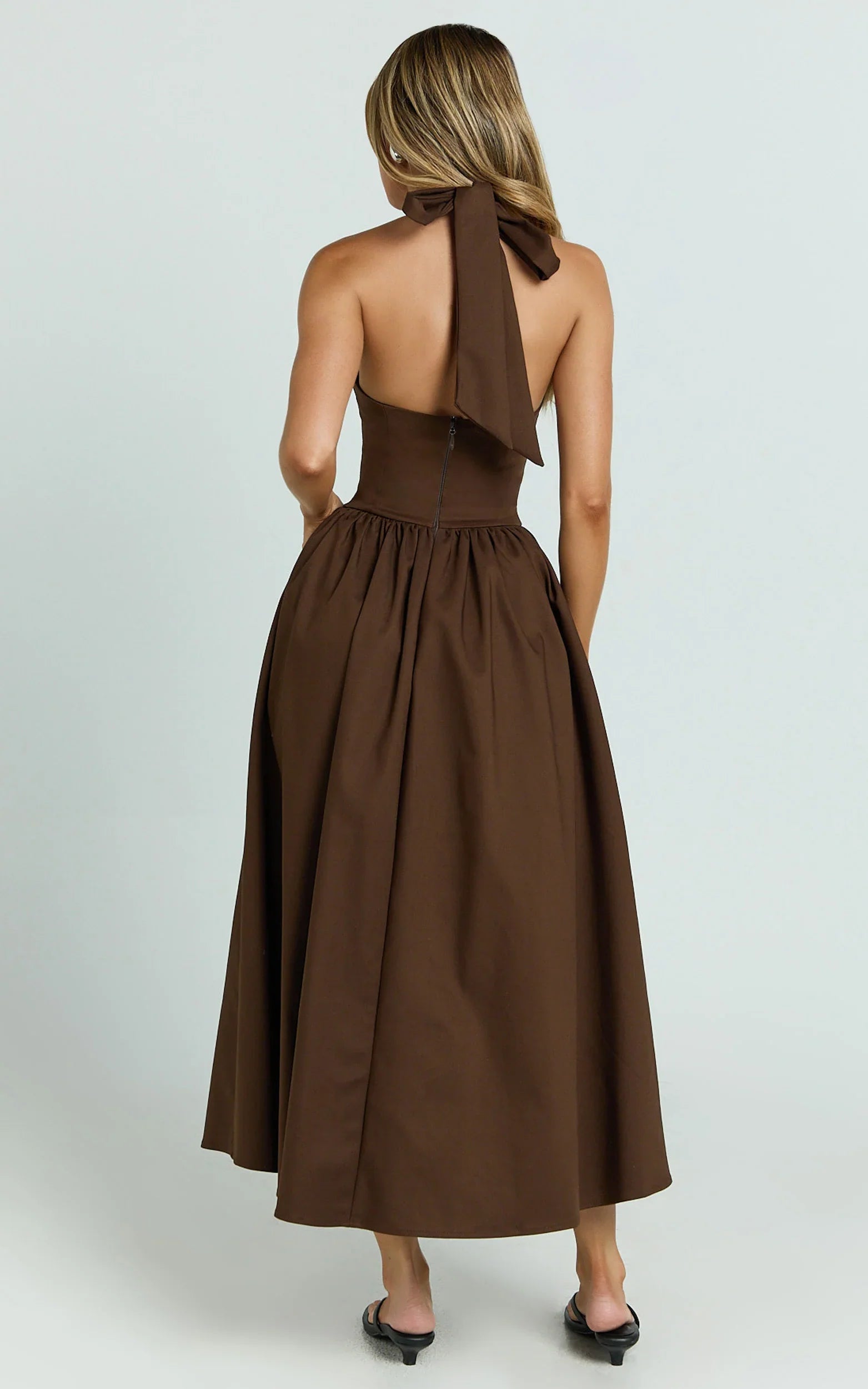 Helda Midi Dress - Halter Tie Neck Corset Panel Dress in Chocolate